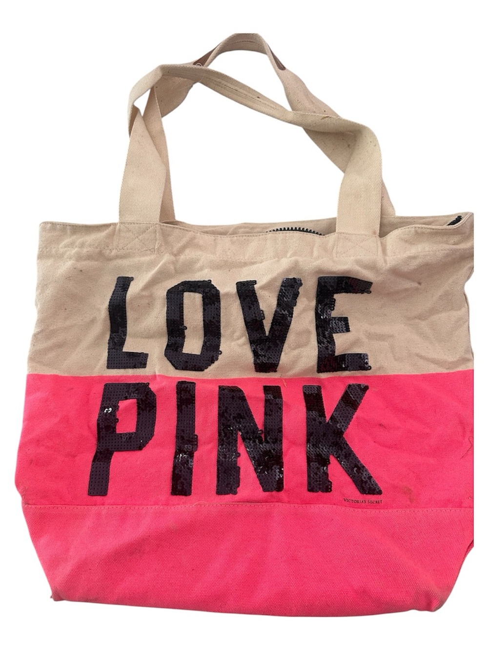 Victoria's Secret Canvas Tote in Beige and Hot Pink with Black Sequin Lettering